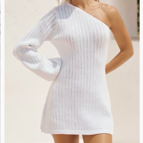 Brand New Flat White One Shoulder Crochet Mini Sweater Dress - Picture 4 of 7